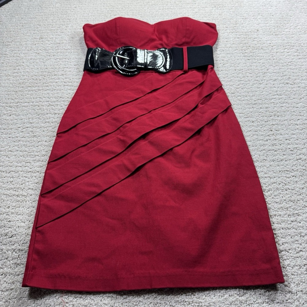 Body Central Red Strapless‎ Dress With Black Belt Size Medium